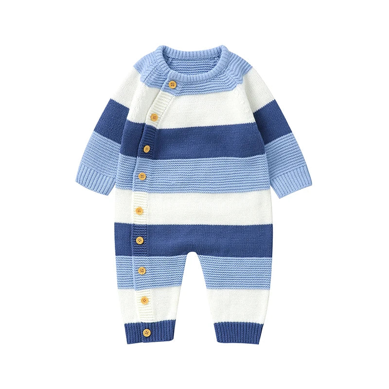 Baby Boy Sweater Romper Striped Crew Neck Long Sleeve Full Length Jumpsuit