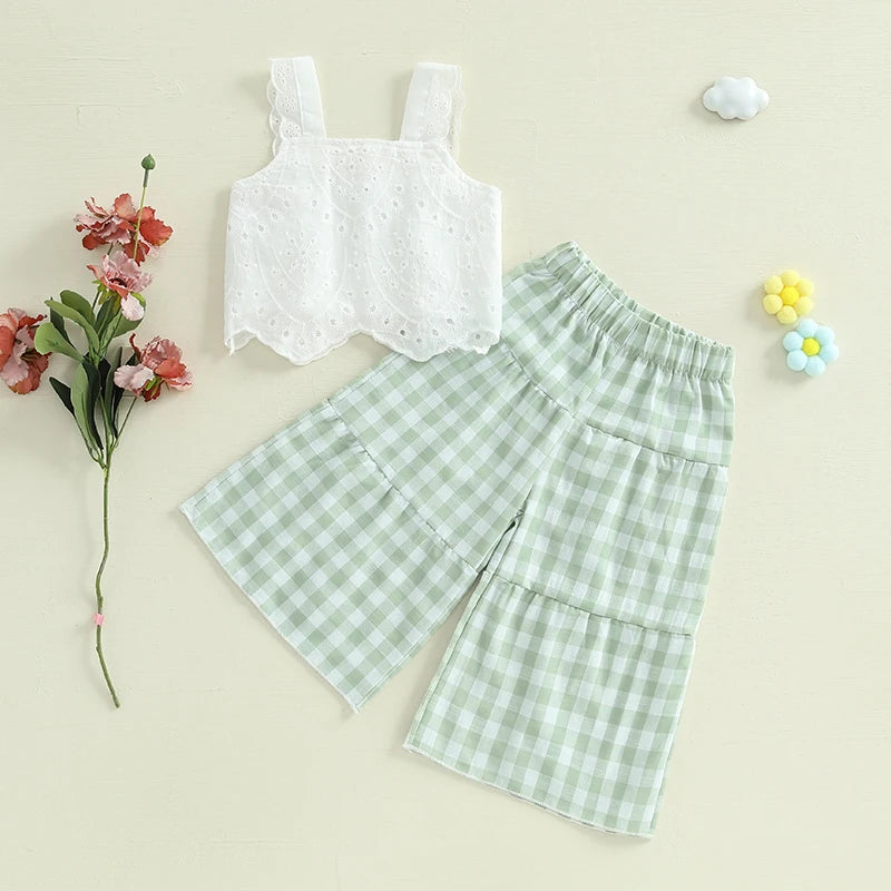 Toddler Girl Summer Clothes Eyelet Embroidery Cami Tops+Elastic Waist Plaid Print Wide Leg Pants 2Pcs Set