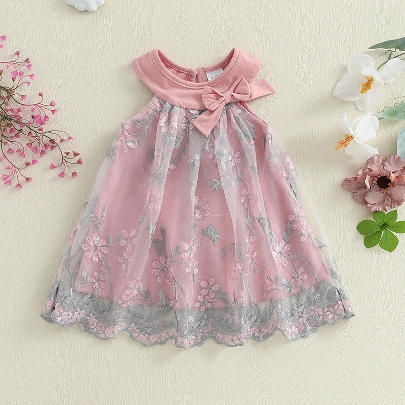 Toddler Girl Summer Sleeveless Dress Floral Embroidery Round Neck Tulle A-Line Dress