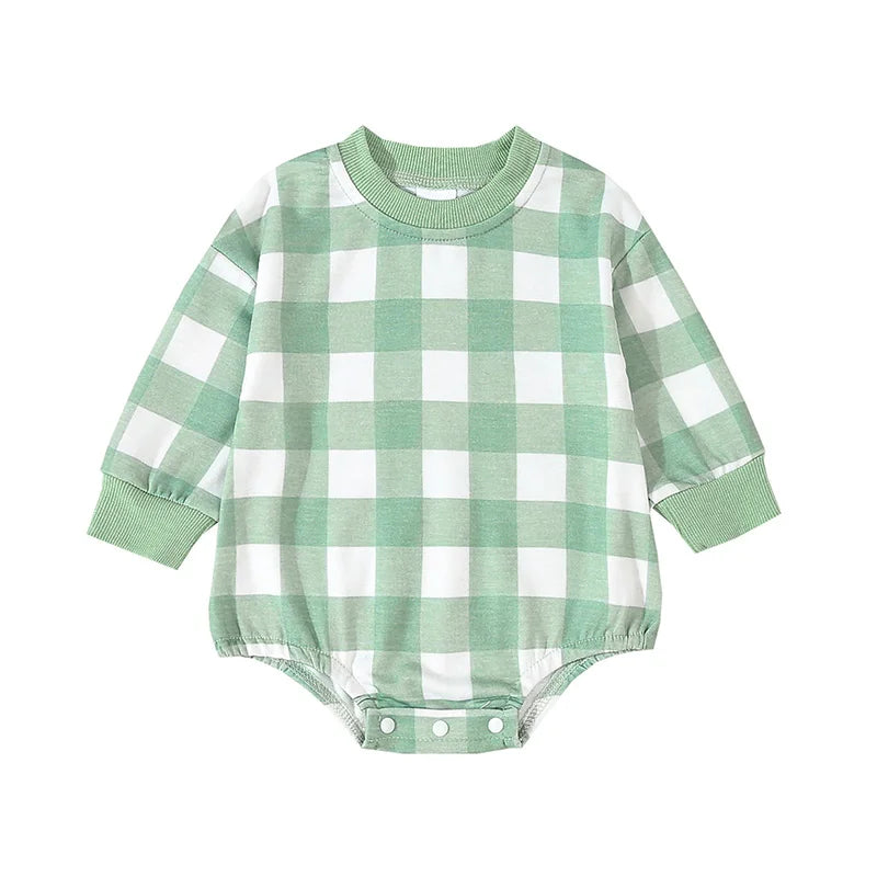 Baby Boys Sweatshirt Romper Plaid Long Sleeve Bodysuit Jumpsuit