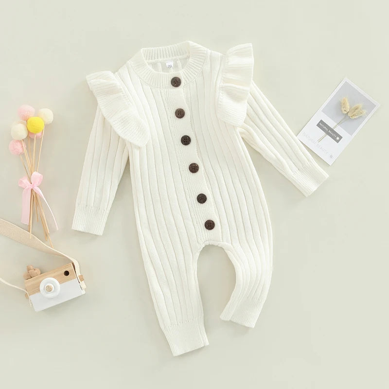 Baby Girl’s Knitted Long Sleeve Jumpsuit Fashion Solid Round Neck Button Casual Long Romper
