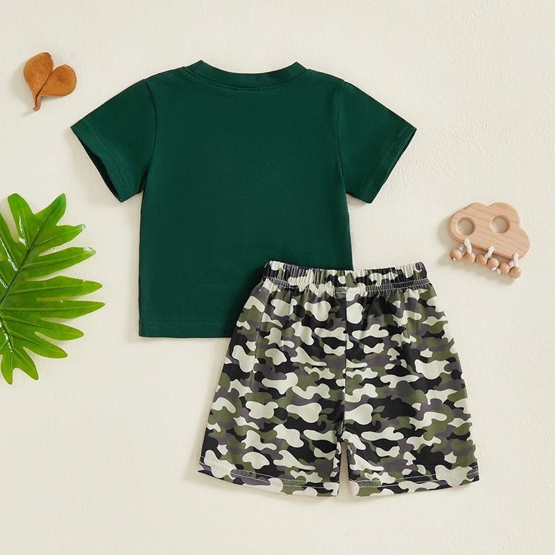 Toddler Baby Boy Summer Outfit Truck Dog Embroidery Short Sleeve T-shirts Camouflage Shorts Set