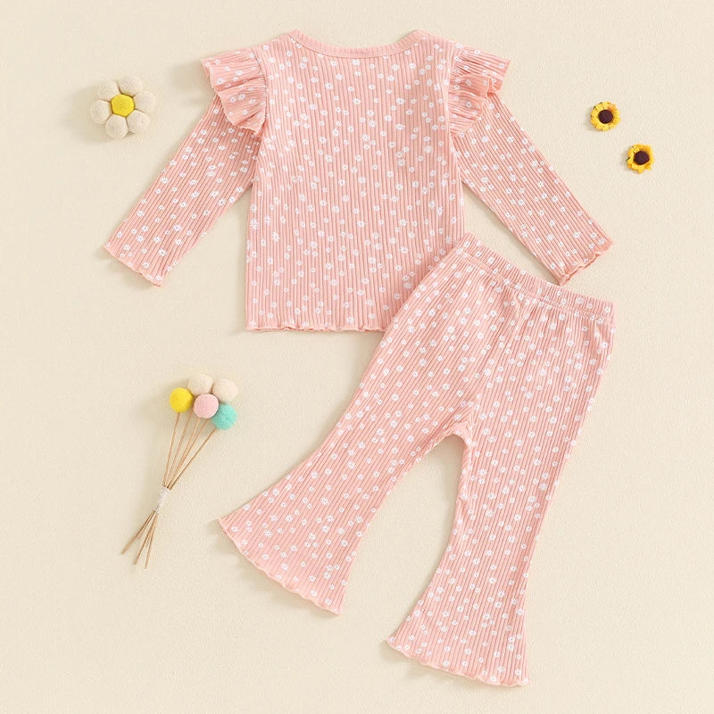 Baby Girl 2Pcs Fall Outfits Ruffle Long Sleeve Lettuce Trim Tops + Flare Pants Set Toddler Clothes