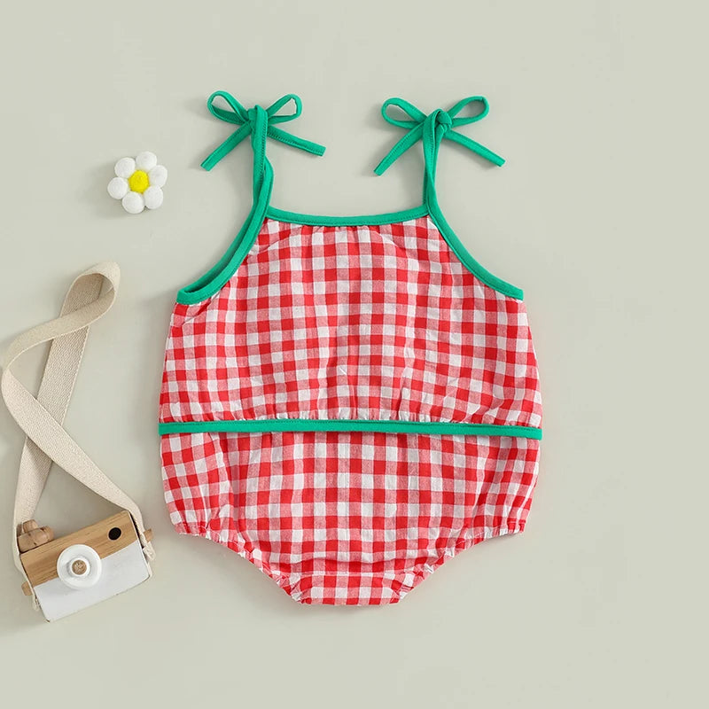 Baby Girl Summer Plaid Romper Sleeveless Flower Embroidery Strappy Shoulder Cami Jumpsuit