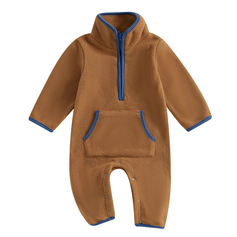 Baby Boys Fleece Long Sleeve Plush Zip Up Romper With Pockets