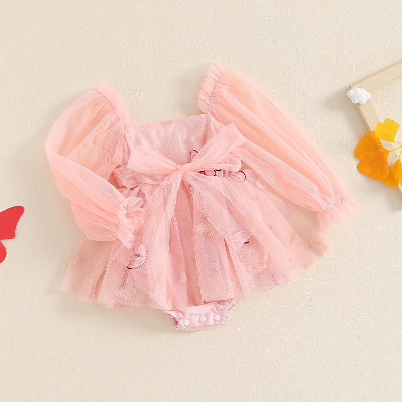 Baby Girls Mesh Romper Dress Butterfly Print Long Sleeve Jumpsuits for Newborn Toddler Cute Clothes