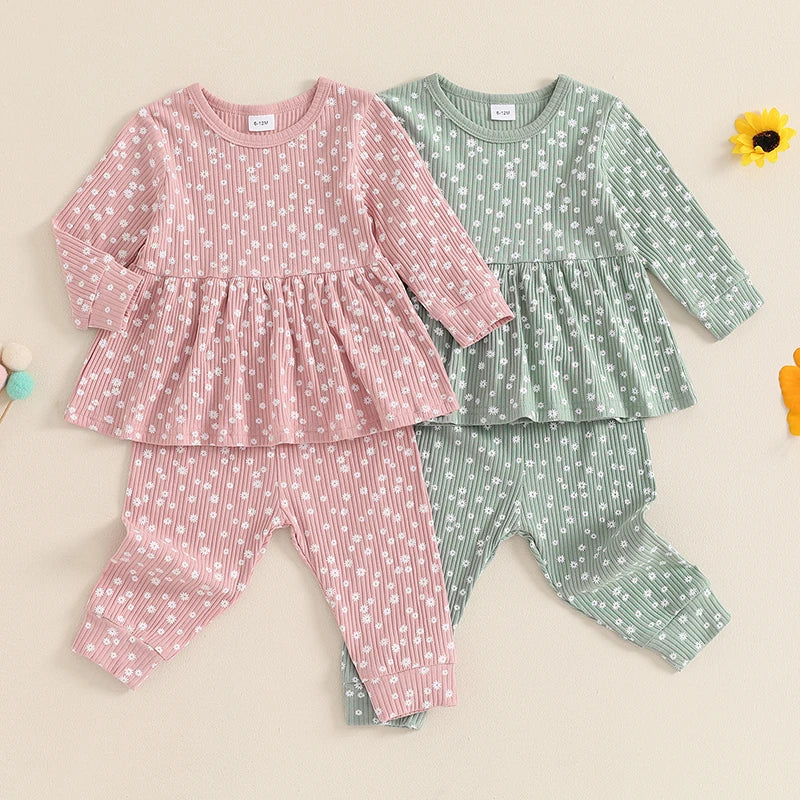 Toddler Girl Fall Outfits Floral Print Crew Neck Long Sleeve Tops Elastic Waist Long Pants 2Pcs Set
