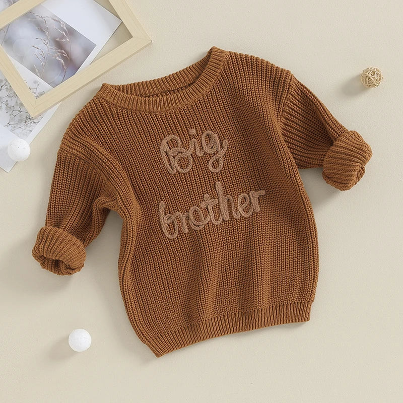 Boys Long Sleeve Letter "Big Brother" Embroidery Pullover Loose Cotton Knit Sweater