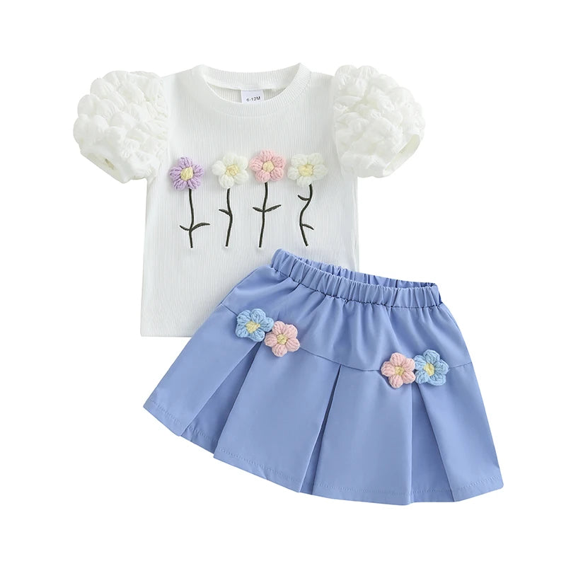 Girls Summer Outfits Crochet Flowers Puff Short Sleeve T-Shirt and Elastic A-Line Skirt Set Toddler Clothes