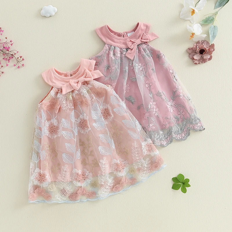 Toddler Girl Summer Sleeveless Dress Floral Embroidery Round Neck Tulle A-Line Dress
