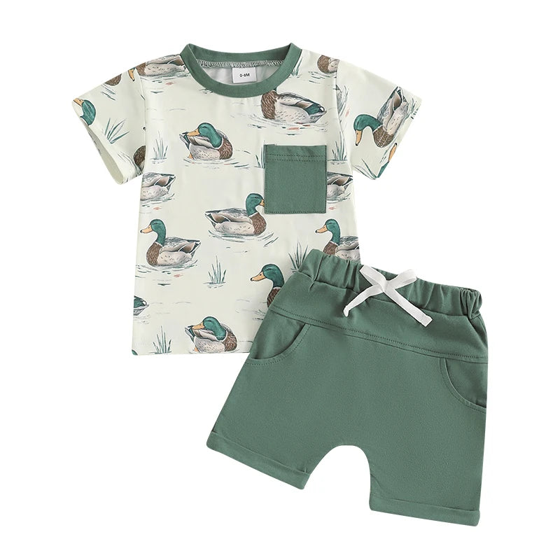 Toddler Baby Boy Duck Outfit Short Sleeve T-shirts Elastic Waist Shorts Farm Clothes Summer Set