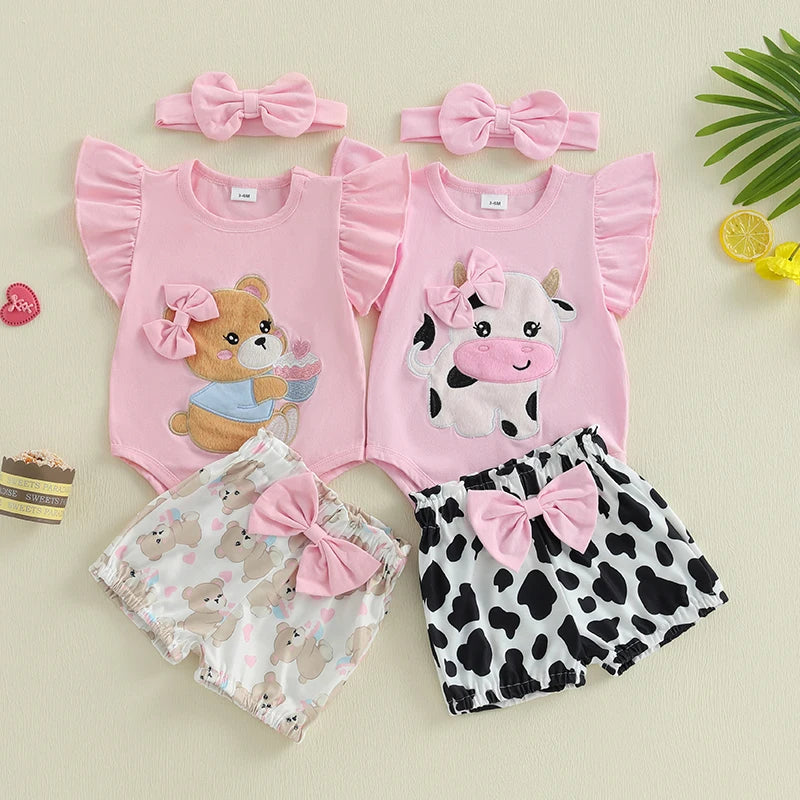 Baby Girls Shorts Set Short Sleeve Bear Cow Romper Elastic Waist Shorts with Hairband