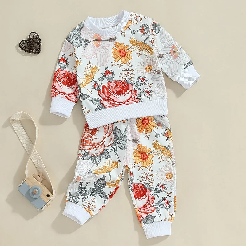 Toddler Girls Fall Outfits Floral Print Long Sleeve Sweatshirt and Elastic Sweatpants Set Baby Clothes