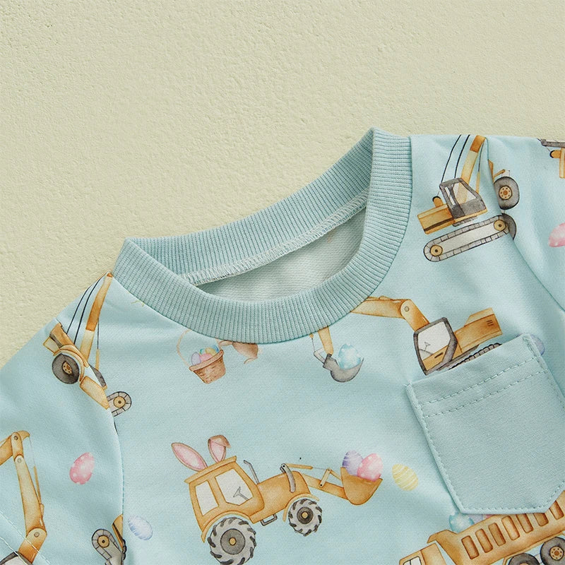 Toddler Boy Summer Outfits Excavator Print Round Neck Short Sleeve Tops with Elastic Waist Shorts Outfit