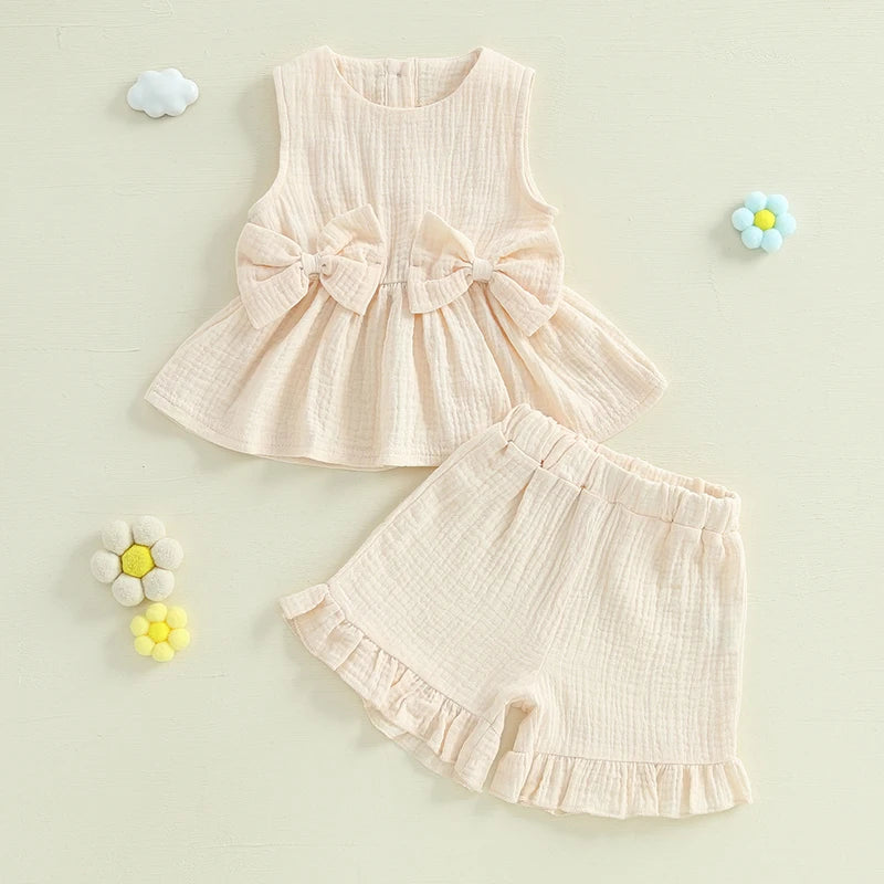 Toddler Baby Girl Summer Clothes Solid Color Bow Round Neck Tank Tops + Elastic Waist Ruffled Shorts Set