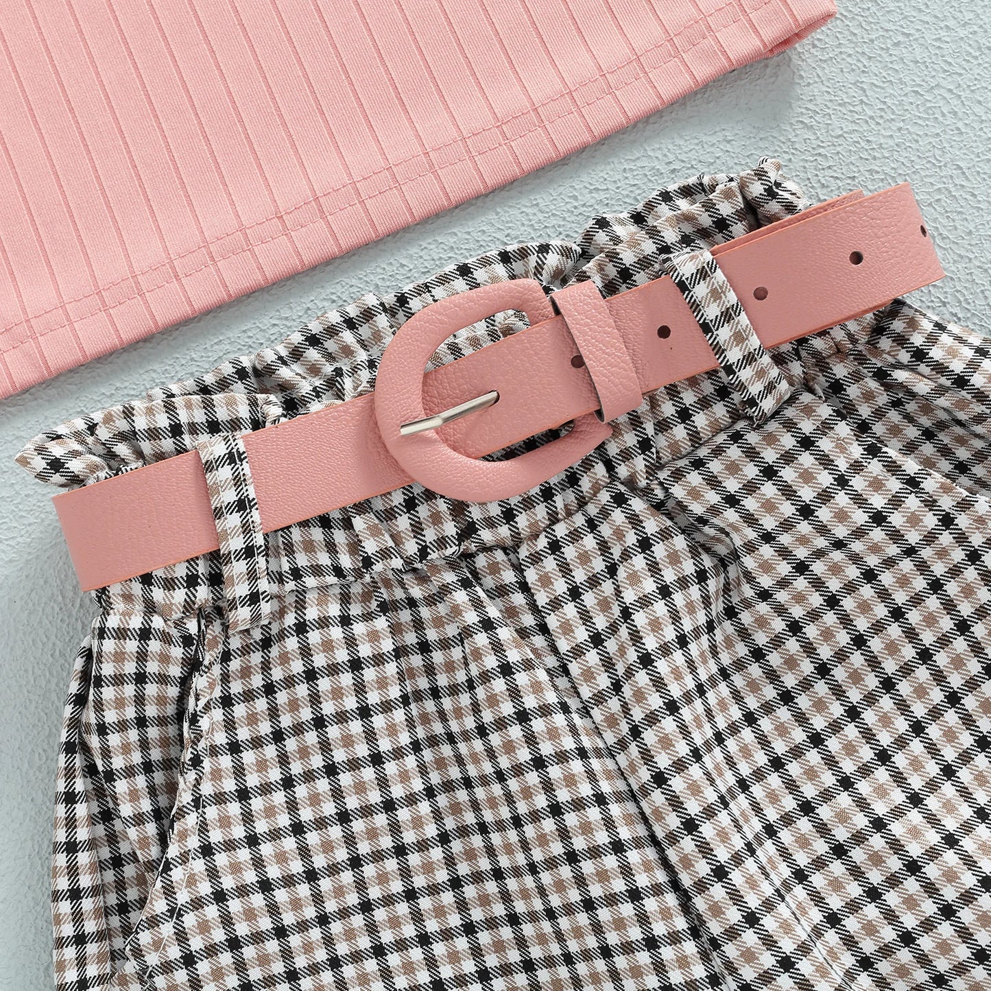 Toddler Girls 3Pcs Outfits Solid Ribbed Round Neck Long Sleeve Tops Plaid Long Pants + Belt Set