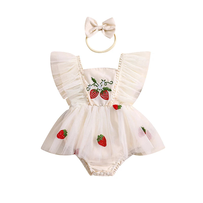 Baby Girls Summer Romper Dress Flying Sleeve Strawberry Embroidery Romper with Headband