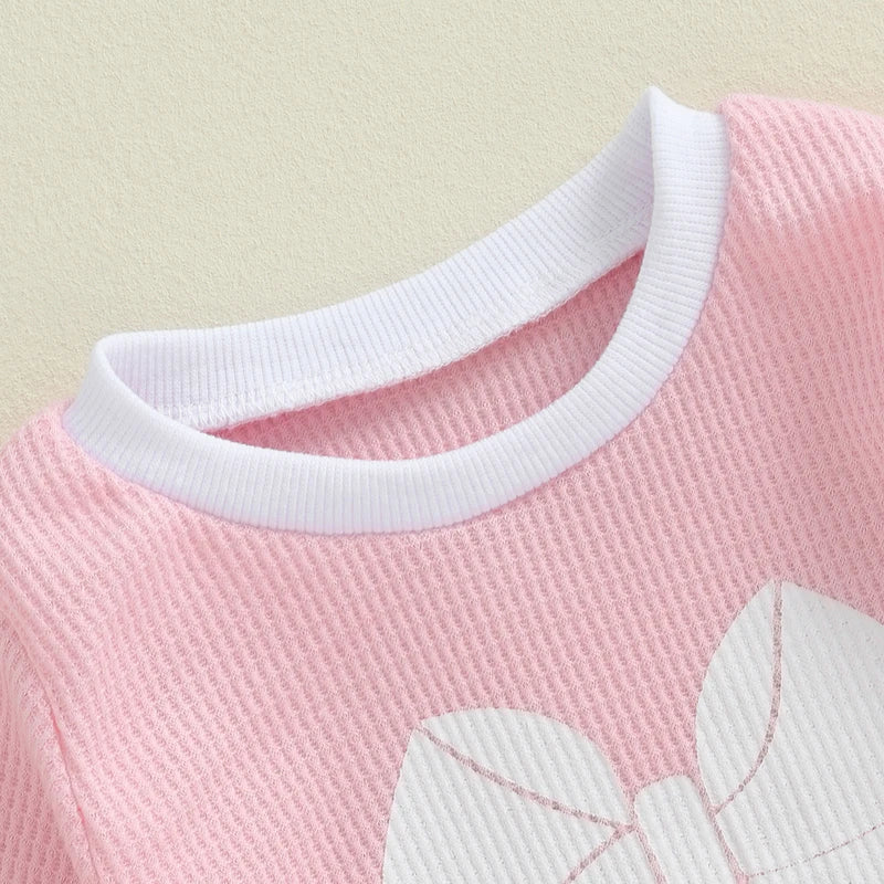 Toddler Girl Fall Outfits Bowknot Print Crew Neck Long Sleeve Waffle Sweatshirts and Long Pants 2Pcs Set