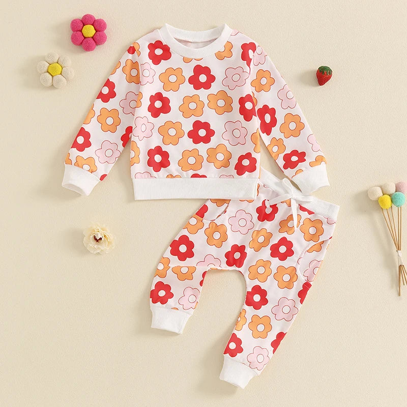 Toddler Girl Fall Outfits Floral Print Crew Neck Long Sleeve Sweatshirts and Long Pants 2Pcs Clothes Set