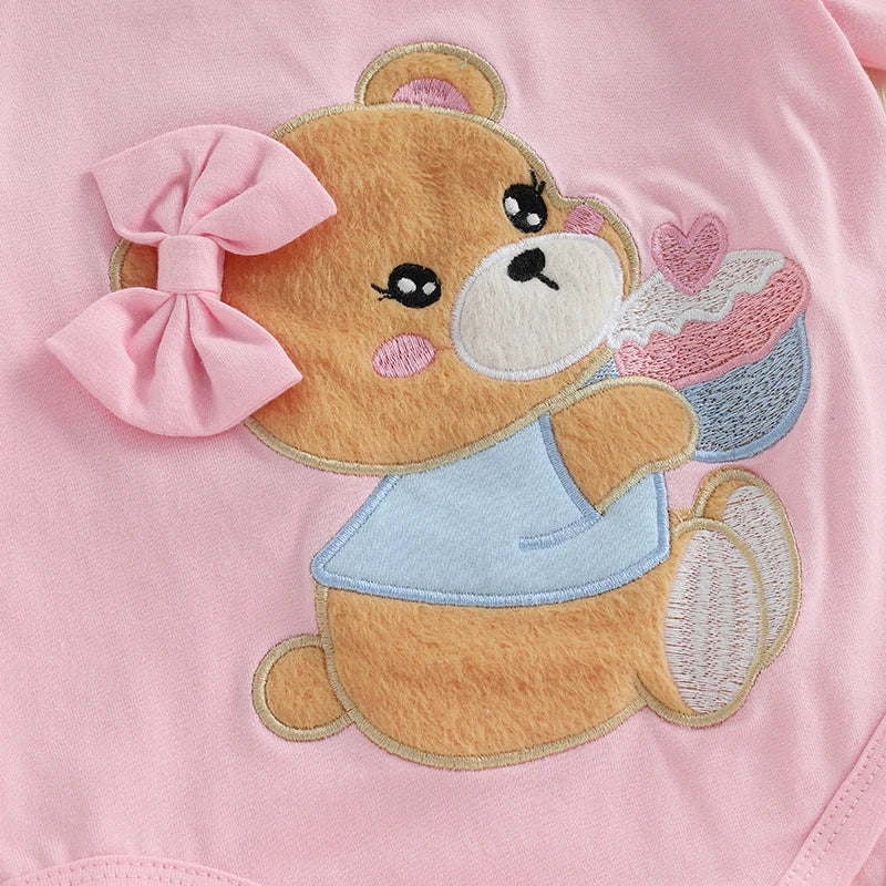 Baby Girls Shorts Set Short Sleeve Bear Cow Romper Elastic Waist Shorts with Hairband
