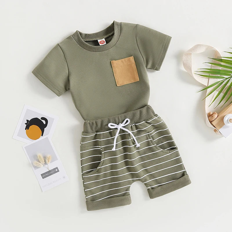 Baby Kids Boys 2Pcs Summer Set Short Sleeve Crew Neck T-shirt with Striped Shorts Outfit