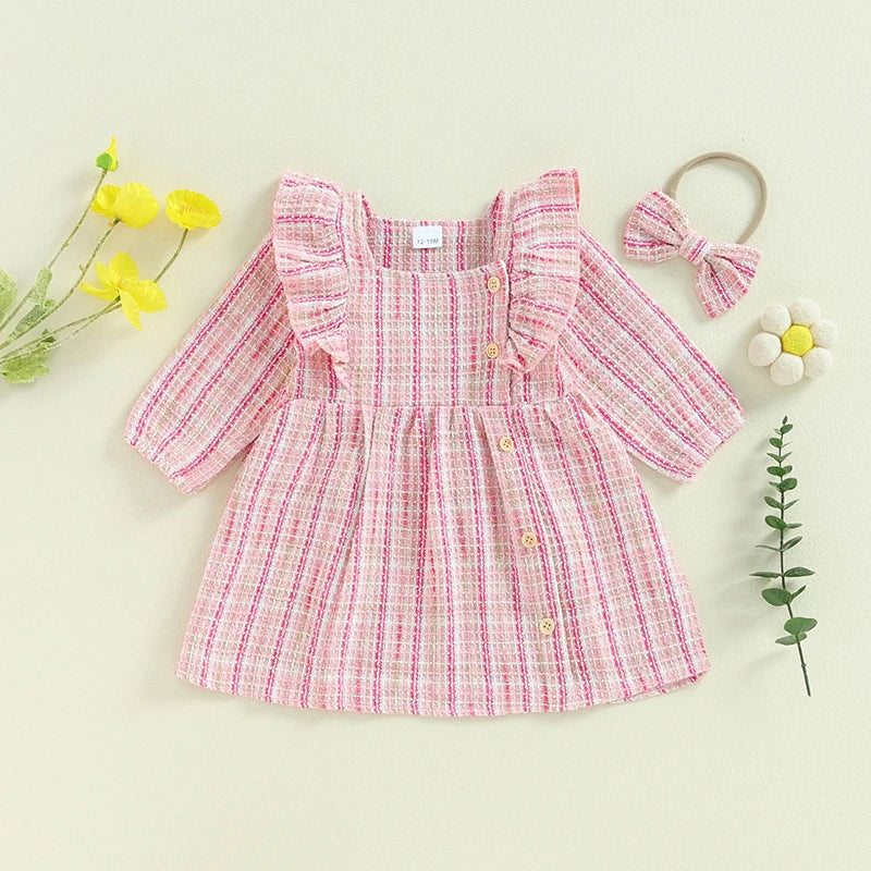 Toddler Girls Dress Square Neck Ruffles Buttons Long Sleeve Casual Fall Princess Dress with Headband