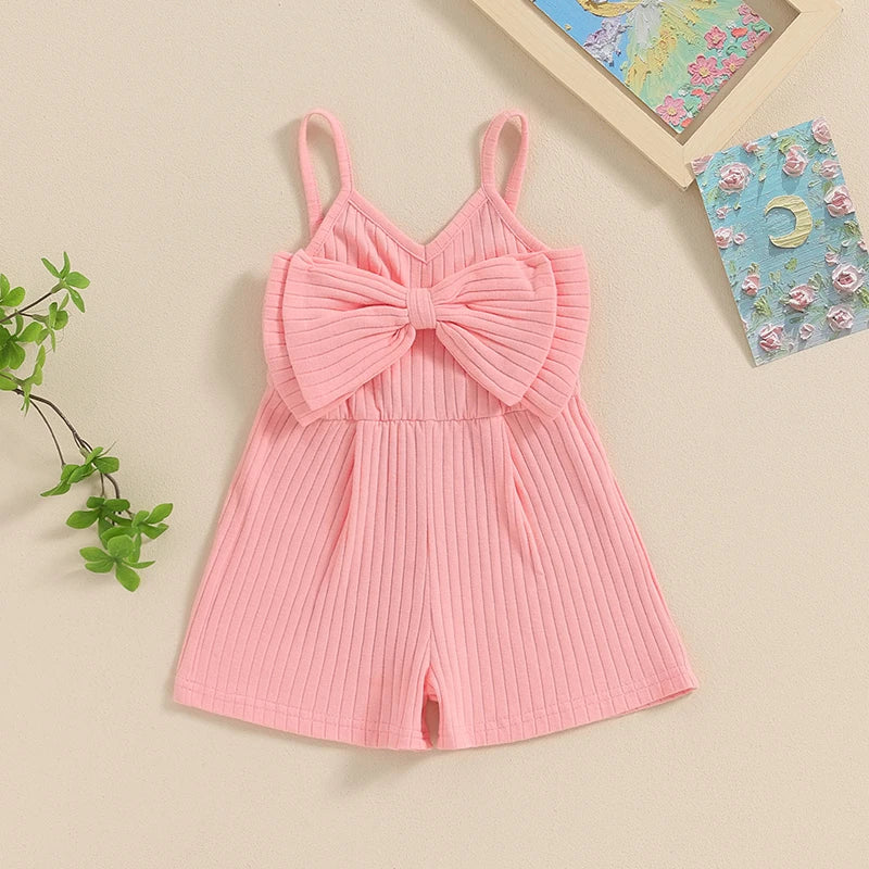 Summer Kids Baby Girl Ribbed Jumpsuit Cute Bow Sleeveless Romper Shorts Cute Clothes