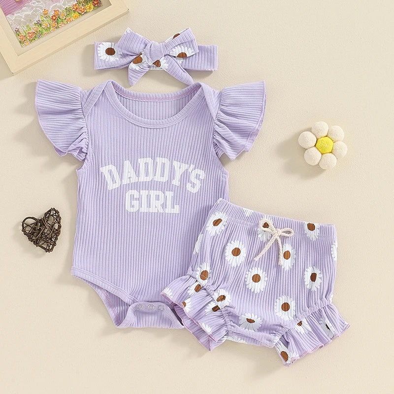 Baby Girls Summer Shorts Sets Flying Sleeve Letter Print Romper Floral Shorts Headband Set