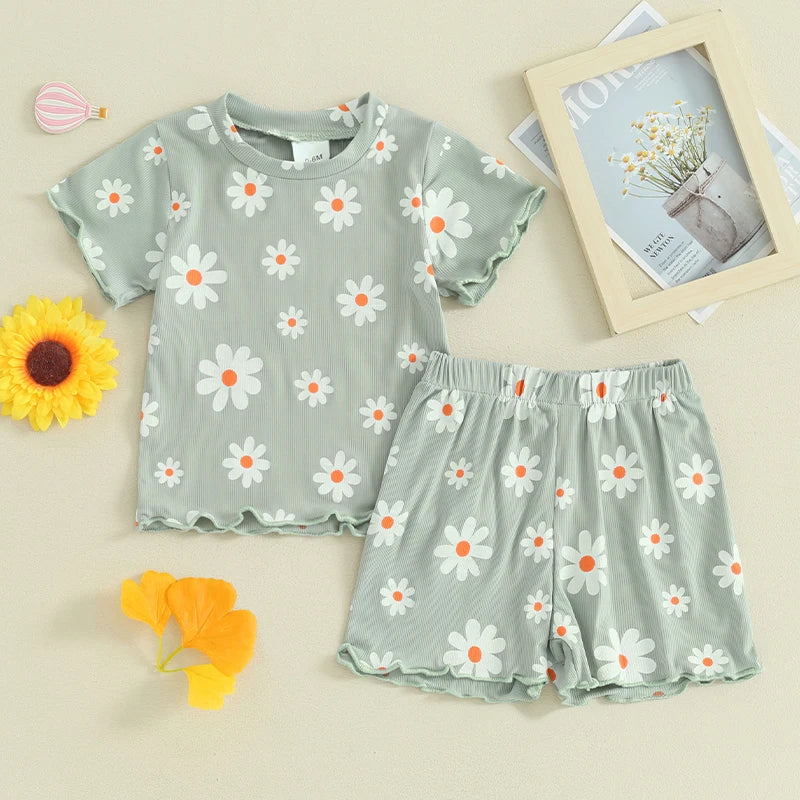 Toddler Baby Girl Summer Clothes Floral Short Sleeve Crewneck T-Shirts Shorts Set Outfit
