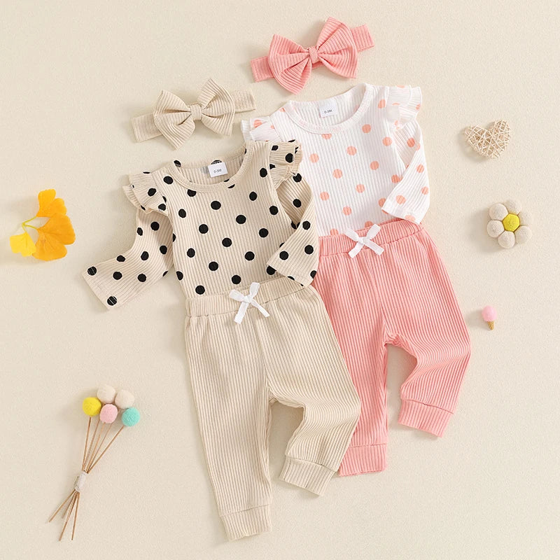 Baby Girls Fall Outfit, Long Sleeve Dots Print Romper with Pants and Bowknot Headband Clothing Set