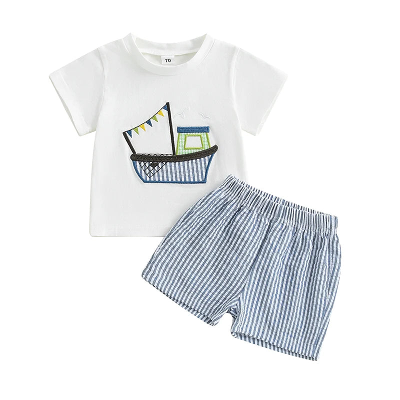 Toddler Baby Boy Shorts Set Boat Embroidery Short Sleeve T-shirt Striped Elastic Waist Shorts Summer Outfit