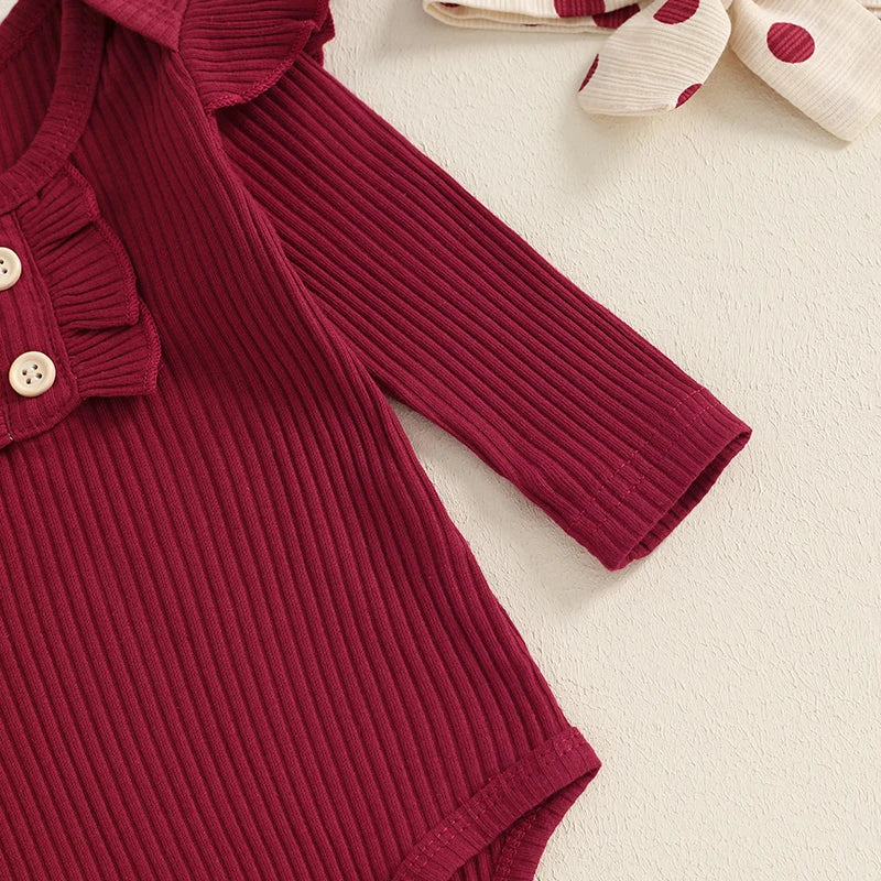 Baby Girl Fall Outfits Solid Color Crew Neck Long Sleeve Romper Dot Print Long Pants Headband 3Pcs Set