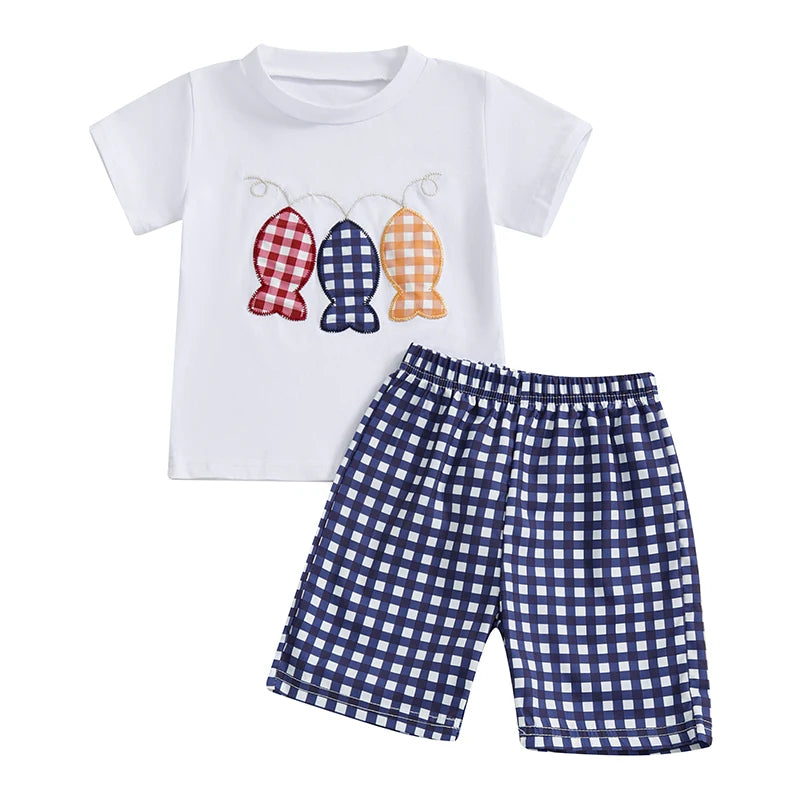 Summer Kid Boys Shorts Sets Short Sleeve O Neck Fish Embroidery Tops and Plaid Shorts Sets