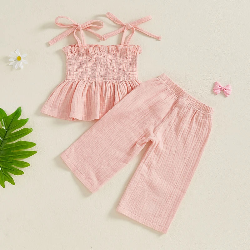 Toddler Baby Girl Set Bow Embroidery Sleeveless Smocked Lacing Strap Camisole Elastic Waistband Pants Outfits