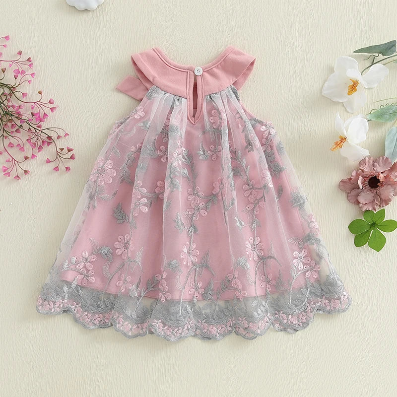 Toddler Girl Summer Sleeveless Dress Floral Embroidery Round Neck Tulle A-Line Dress