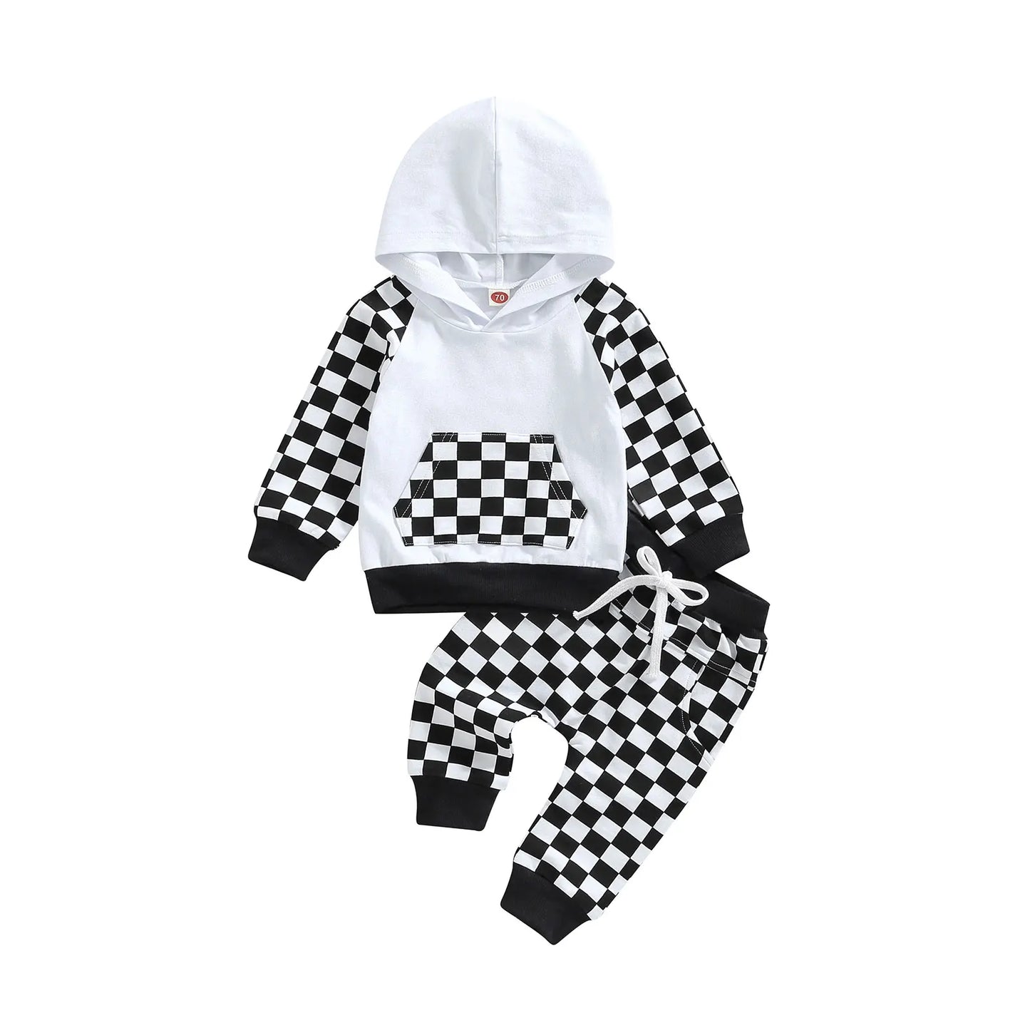 Girl Boy Outfit 2Pcs Set Plaid Long Sleeve Hoodie with Pockets Elastic Drawstring Waist Pants