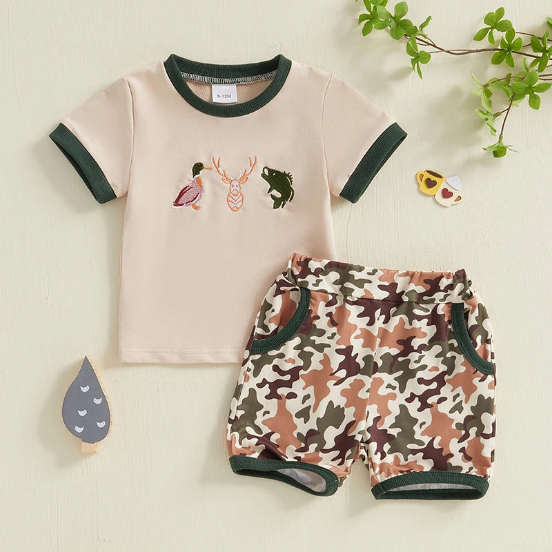 Toddler Baby Boys Summer Outfits Duck Embroidery Short Sleeves T-Shirt and Elastic Camouflage Shorts Clothes Set