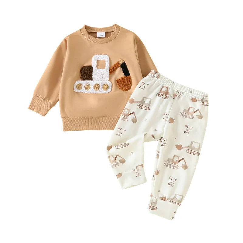 Toddler Baby Boy Outfit Car Embroidery Long Sleeve Pullover Sweatshirt Elastic Waist Pants 2 Piece Set