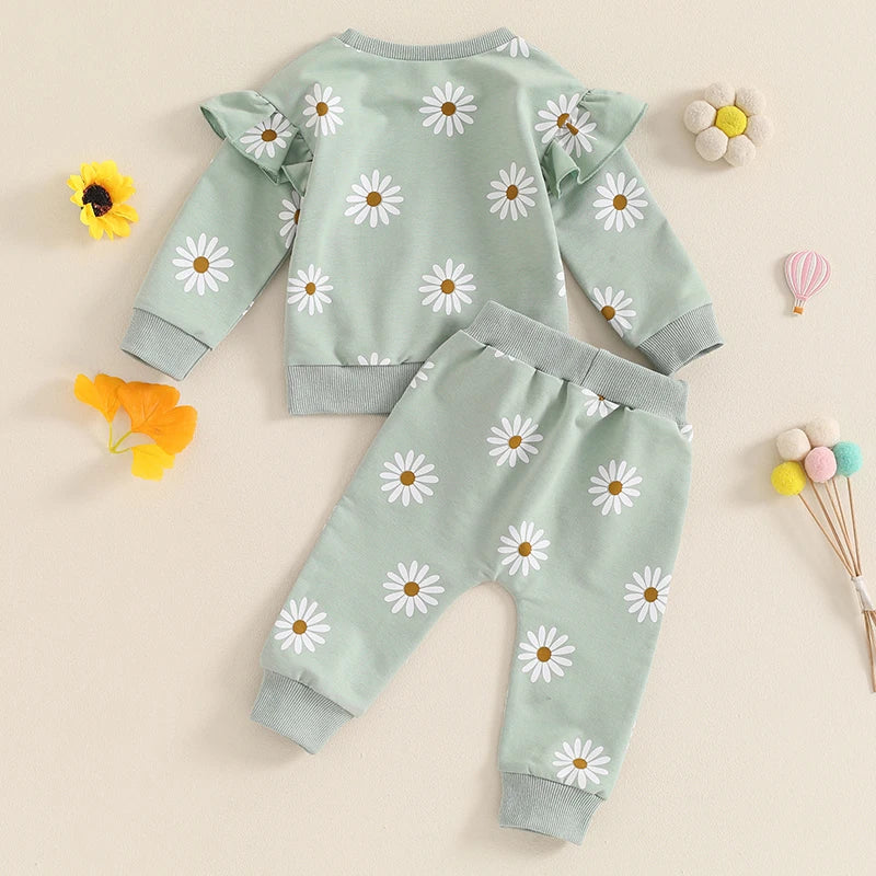 Toddler Girl Fall Outfit Daisy Print Long Sleeve Sweatshirt with Elastic Waist Pants 2 Pcs Set