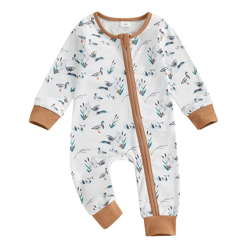 Baby Boy Romper Duck Print Zip Up Long Sleeve Round Neck Jumpsuit