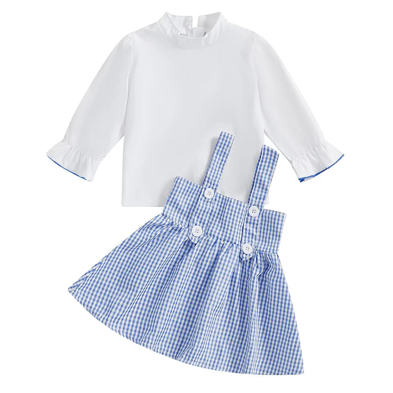 Kids Girls 2 Piece Outfit, Long Sleeve T-shirt with Plaid A-line Overall Dress Fall Outfit