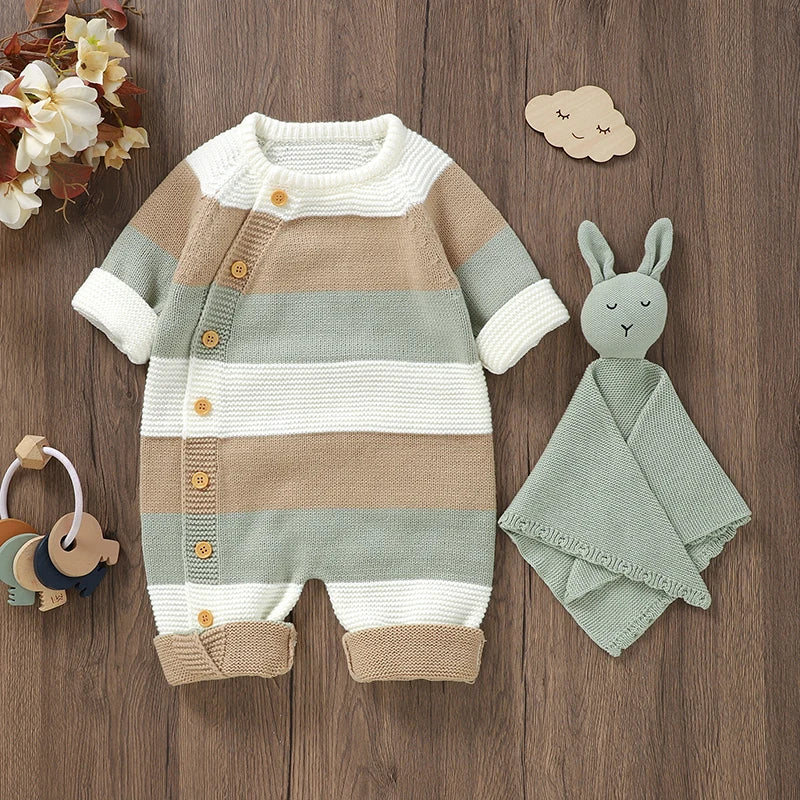 Baby Boy Sweater Romper Striped Crew Neck Long Sleeve Full Length Jumpsuit