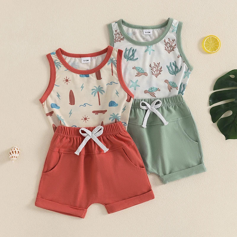 Infant Toddler Baby Boy Summer Clothes Sleeveless Pattern Print Tank Vest Top Solid Jogger Shorts Set Beach Outfit
