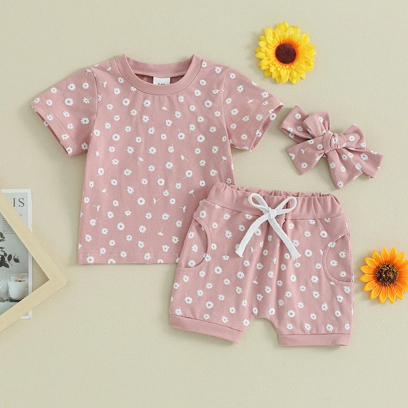 Toddler Baby Girls Clothes Sets Floral Print Short Sleeve T-shirtswith Shorts and Hairband Summer Outfit