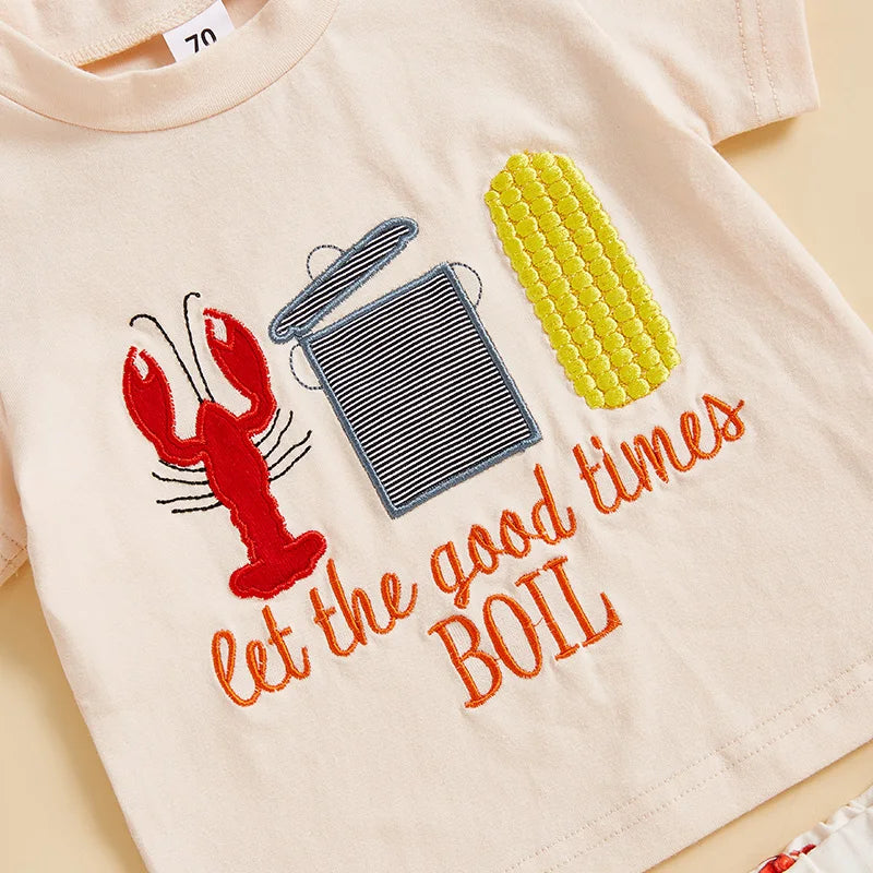 Kids Boys Summer Outfit Short Sleeve Crew Neck Embroidery T-shirt with Lobster Print Shorts Clothing Set