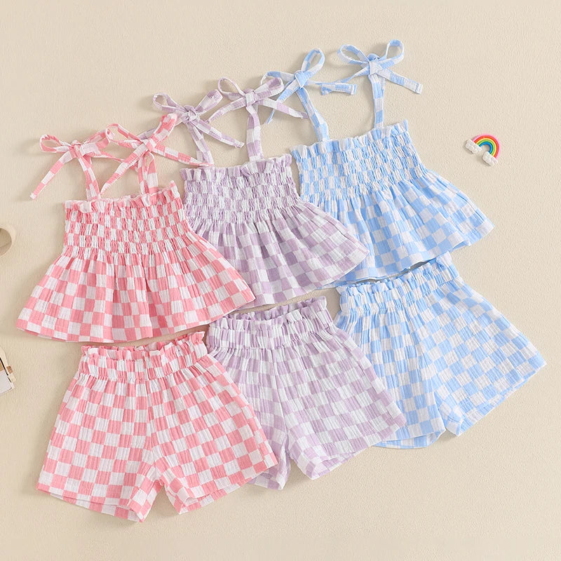 Toddler Baby Girl Summer Clothes Plaid Print Smocked Camisole + Elastic Waist Shorts 2Pcs Set