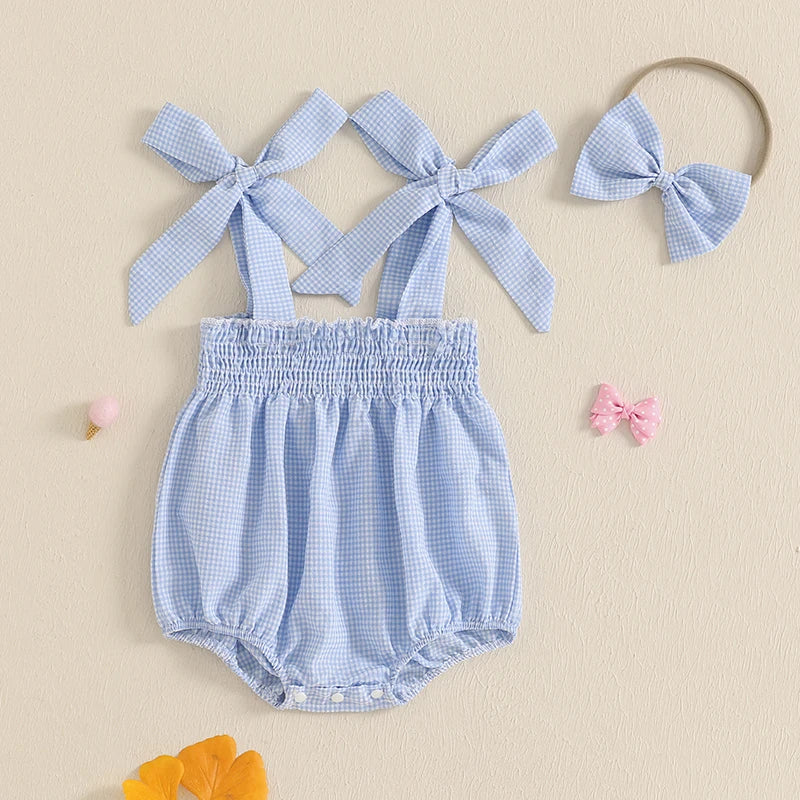 Baby Girl Plaid Print Romper Sleeveless Tie Strap Smocked Jumpsuit with Bow Headband