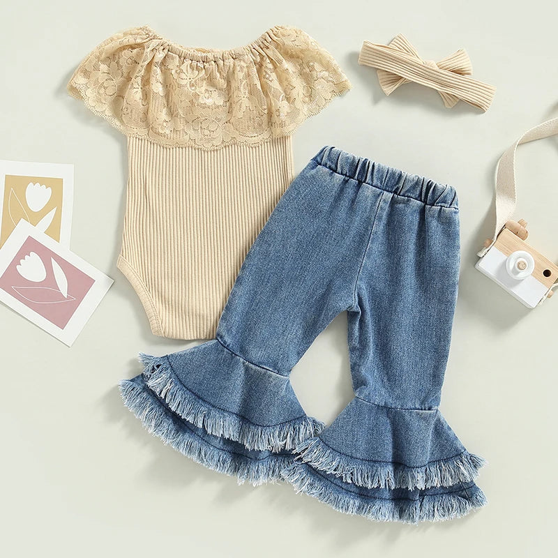 Infant Baby Girls 3Pcs Summer Pants Set Sleeveless Lace Patchwork Romper with Tasseled Flare Pants