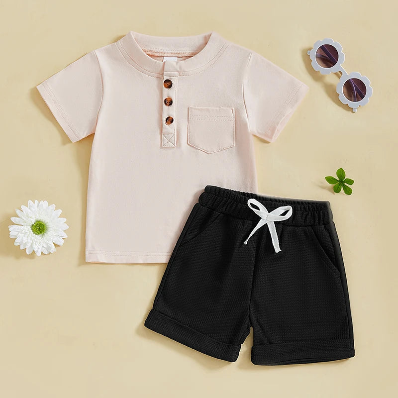 Summer Toddler Boys Shorts Sets Short Sleeve O Neck Button Up Tops and Solid Color Shorts Set
