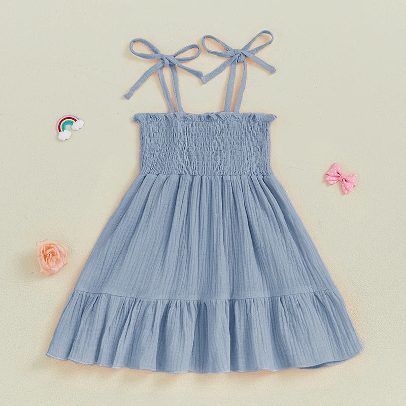 Little Girl Tie Shoulder Dress Solid Smocked Spaghetti Strap Tiered Ruffled Dress Cute Summer Clothes